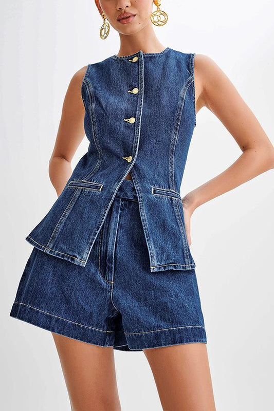 Sleeveless High Waist Denim 2PC Set