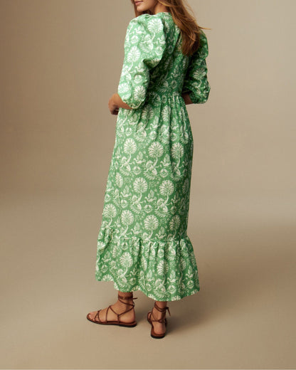 Green Floral Printed Cotton Long Maxi Dress