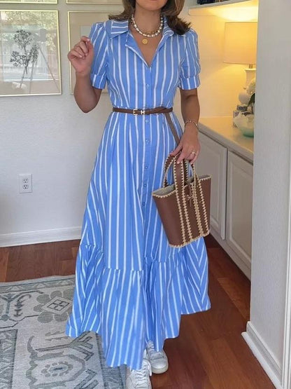 Casual Puff Short Sleeve Ruffle Hem Maxi Dresses With Belt