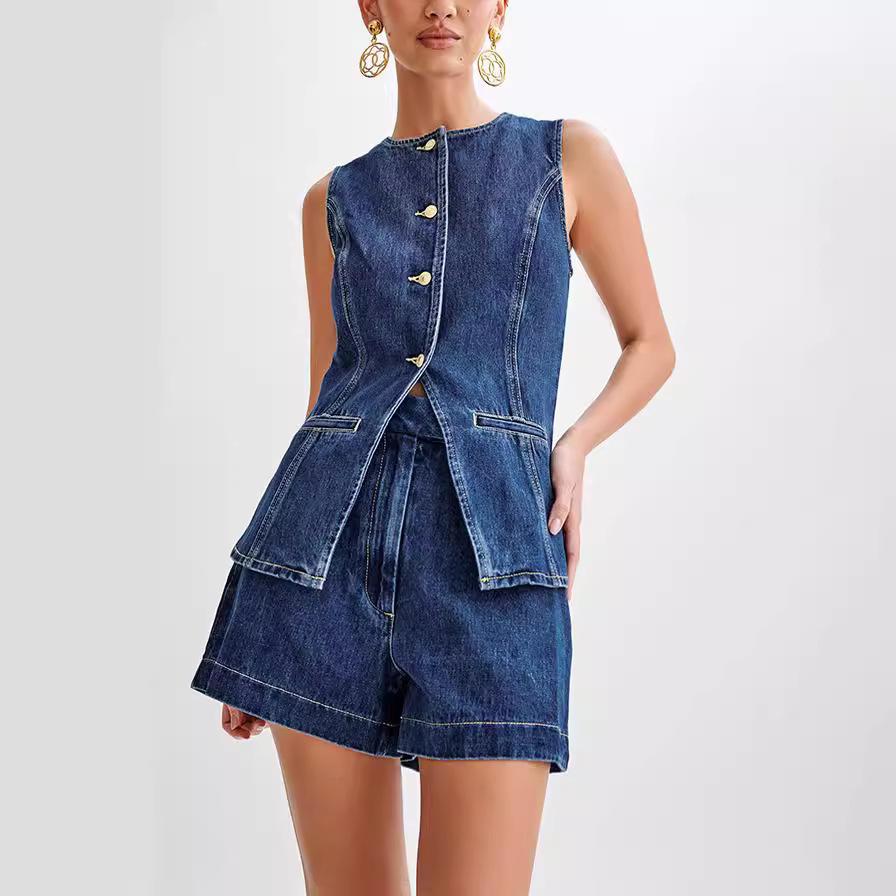 Sleeveless High Waist Denim 2PC Set