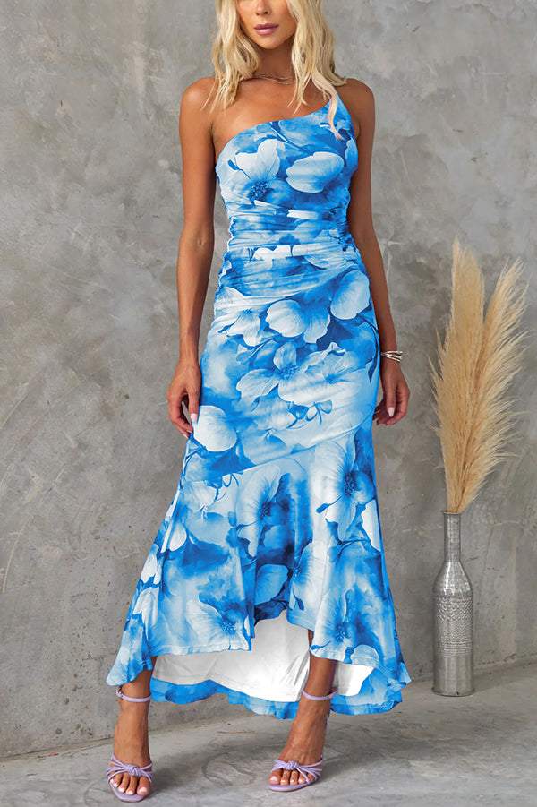 FLORAL PRINT RUCHED STRETCH MAXI DRESS