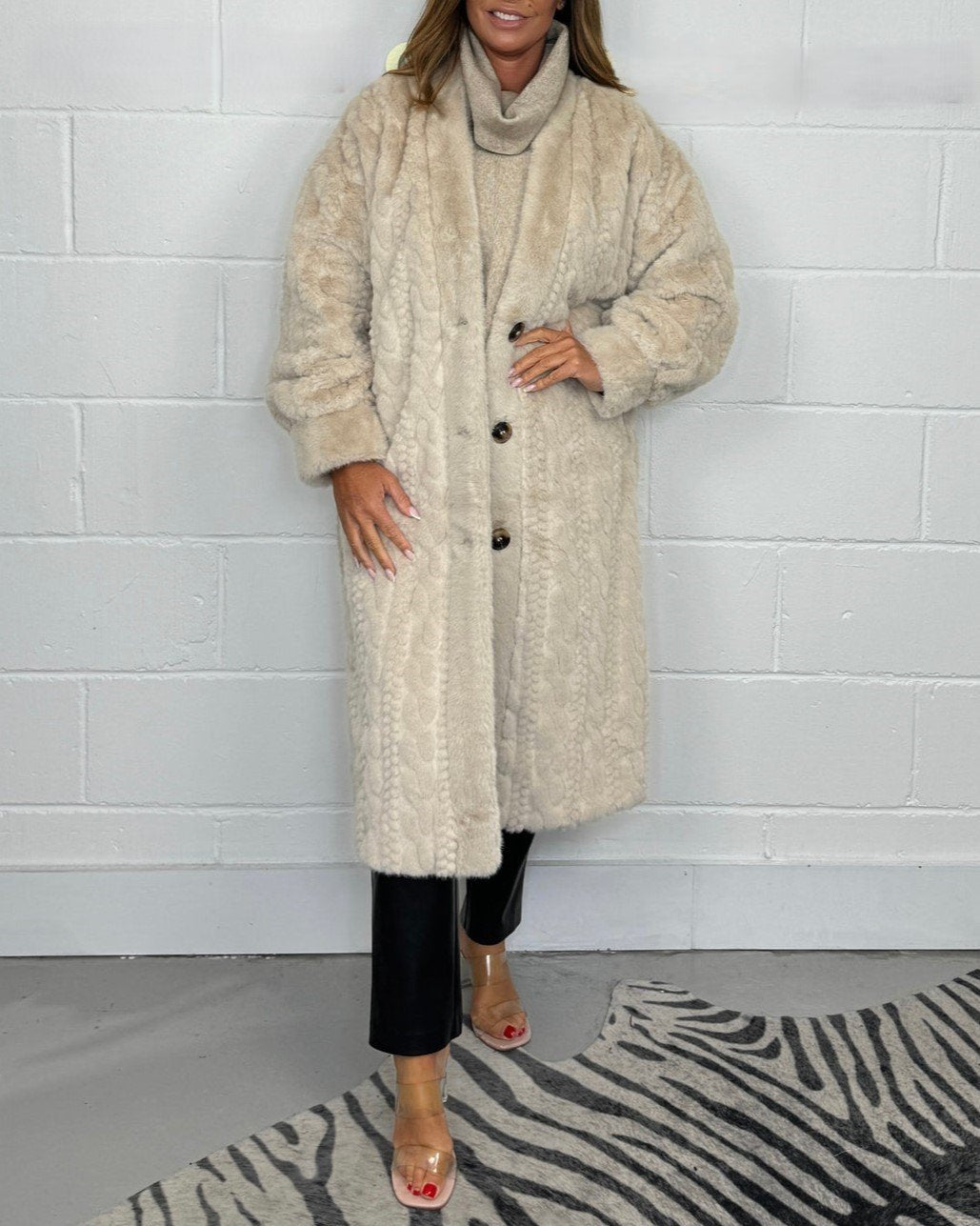 Faux Fur Cable Knit Long Coat