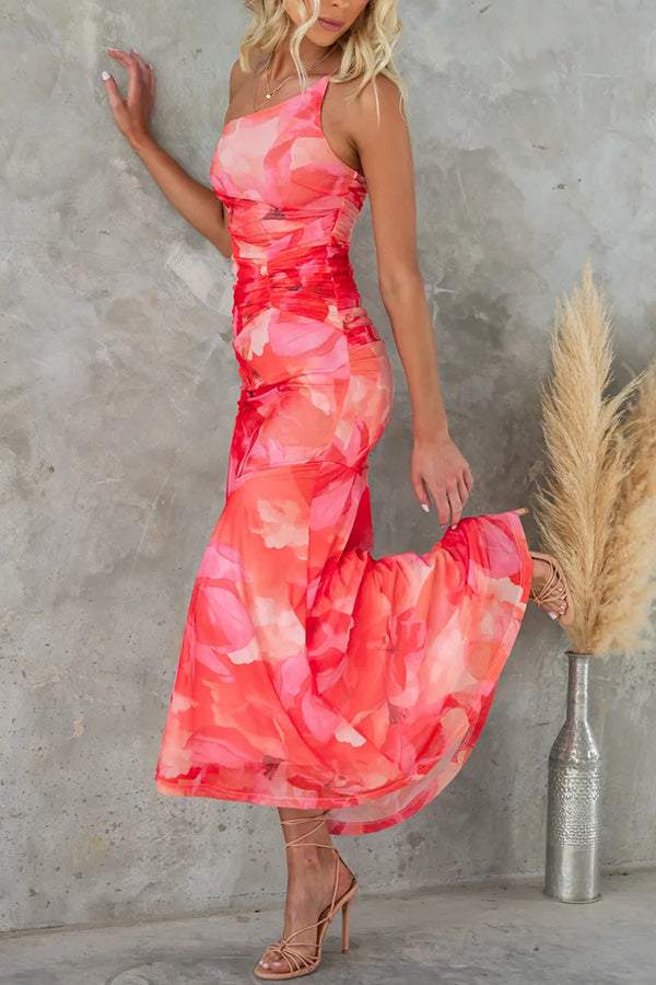 FLORAL PRINT RUCHED STRETCH MAXI DRESS