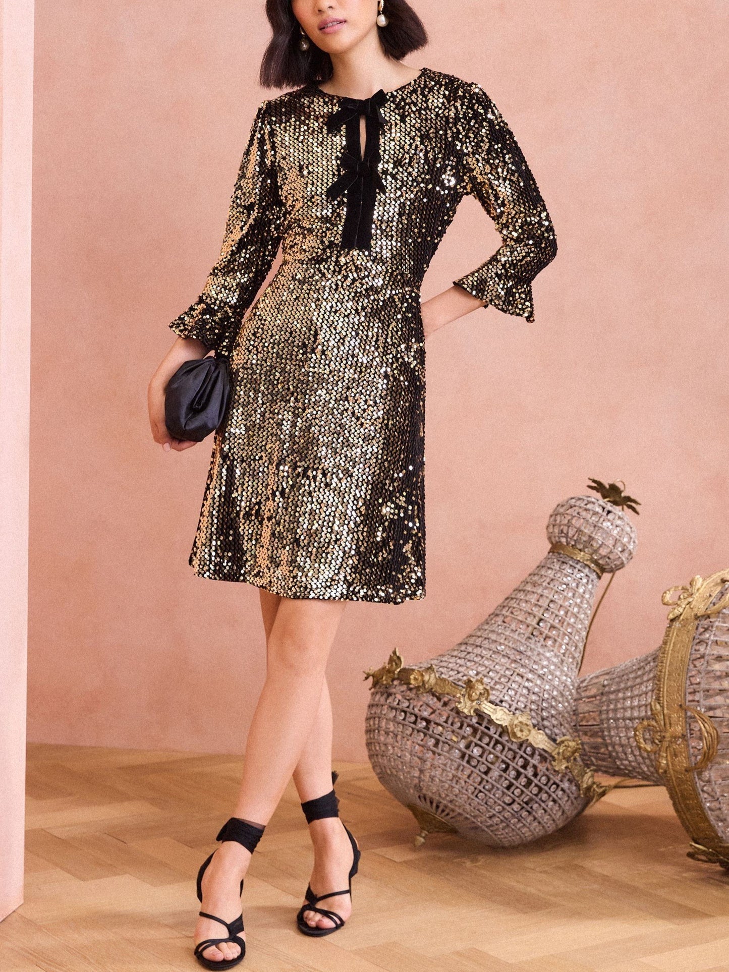 Velvet Bow Gold Sequin Mini Dress