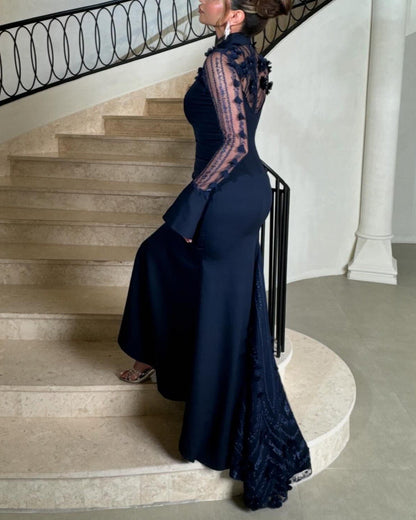 Navy Blue Net Patchwork Elegant Slim Dress