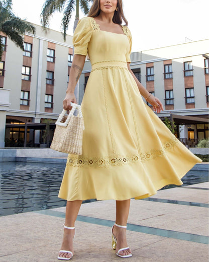 Yellow Square-Neck Short-Sleeve Midi Dress