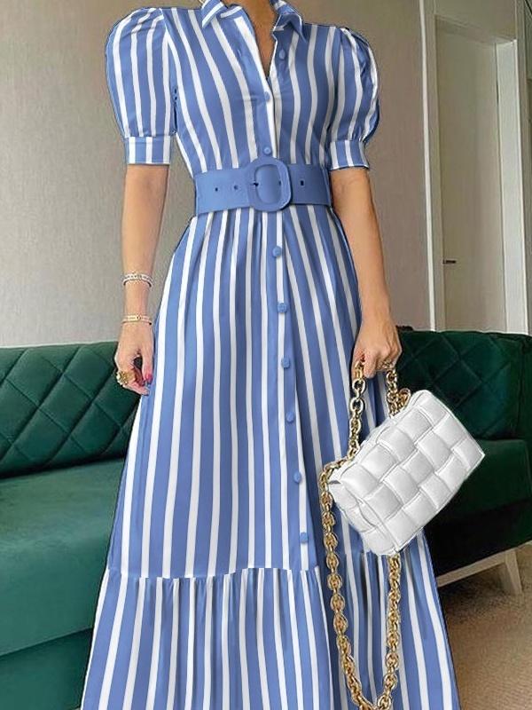 Casual Puff Short Sleeve Ruffle Hem Maxi Dresses With Belt