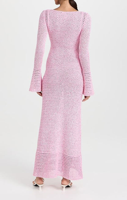 Pink Flared Sleeve Knit Maxi Dress