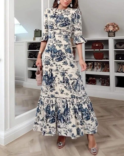 Slim-fitting Landscape Painting Maxi Dress