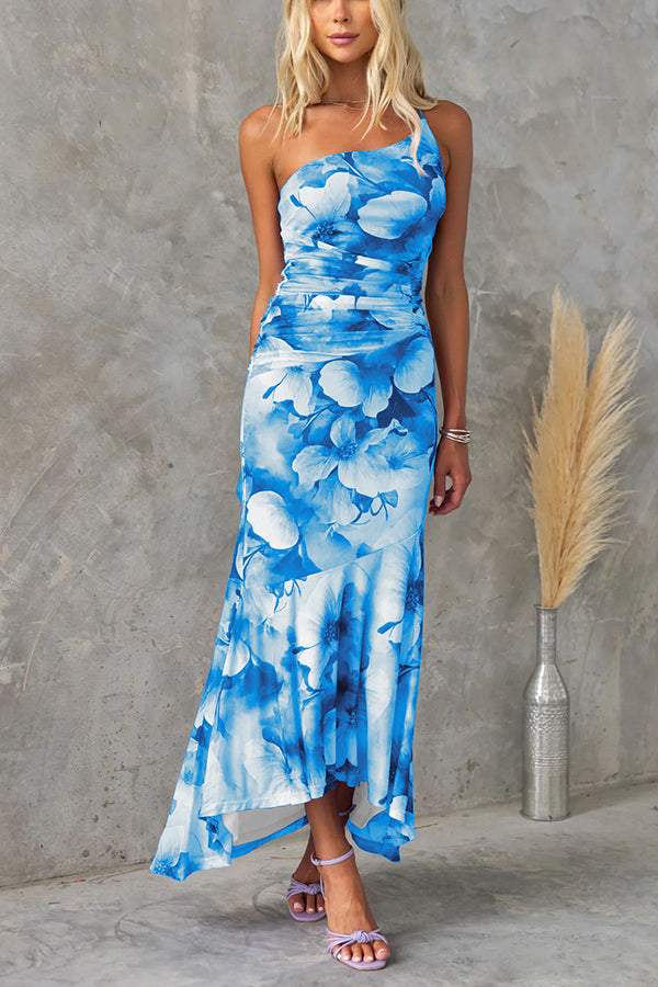 FLORAL PRINT RUCHED STRETCH MAXI DRESS