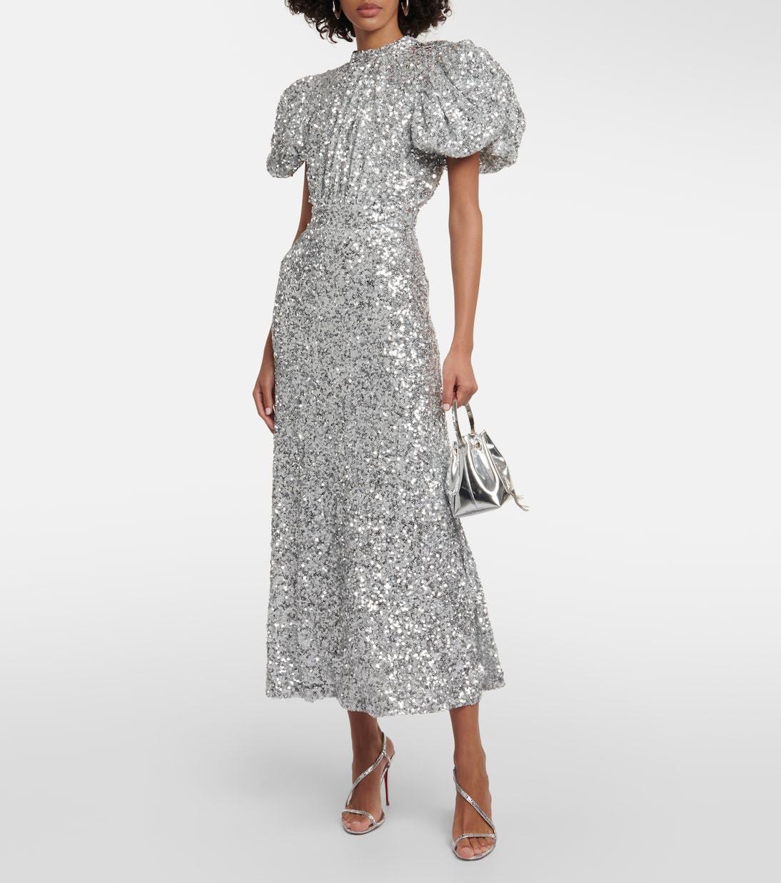 Puff-sleeve sequined midi dress