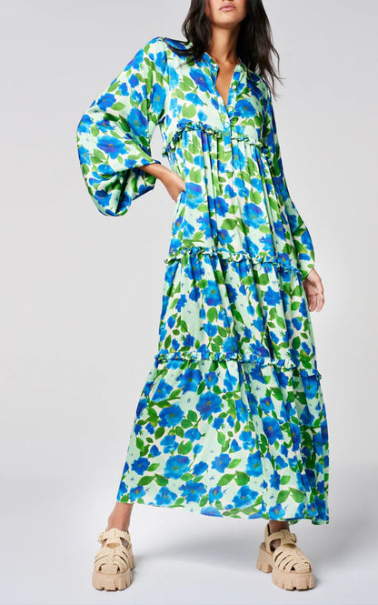 Blue Green Printed Long Sleeve Maxi Dress