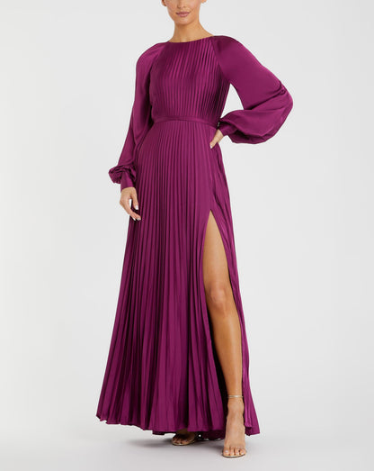 Pleated High Neck Raglan Long Sleeve Side Slit Gown