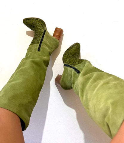 Women's Green Suede  Long Boots