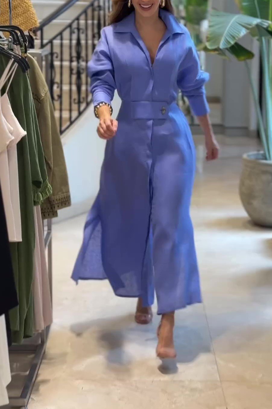 Slit Hem Solid Short Sleeve Midi Shirtdress