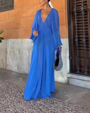 Blue Gemstone Chiffon Ruched Gathered Waist Maxi Dress