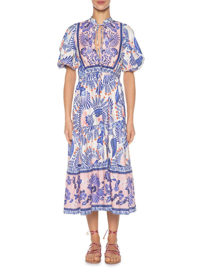 Puff Sleeve Printed Midi Dress