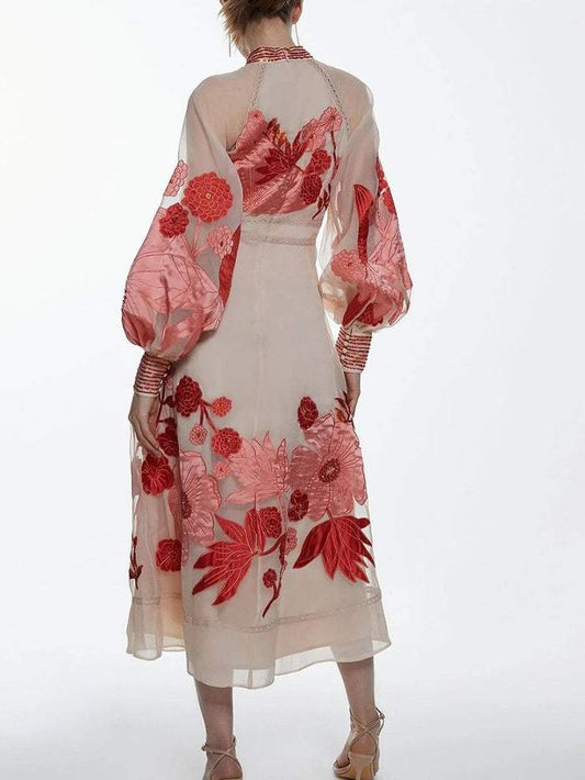 The Elegant Floral Midi Red Dress