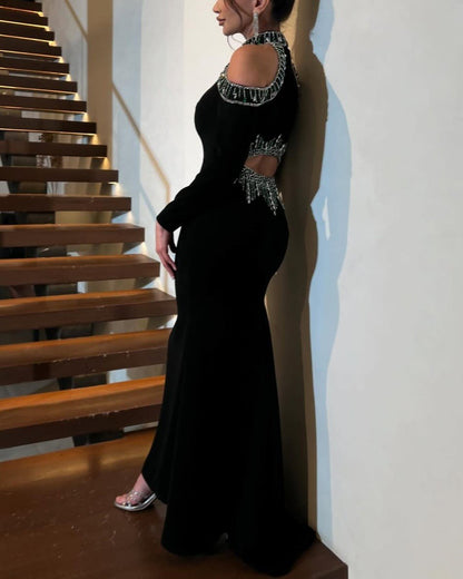 Black Shiny Strapless Gown Dress