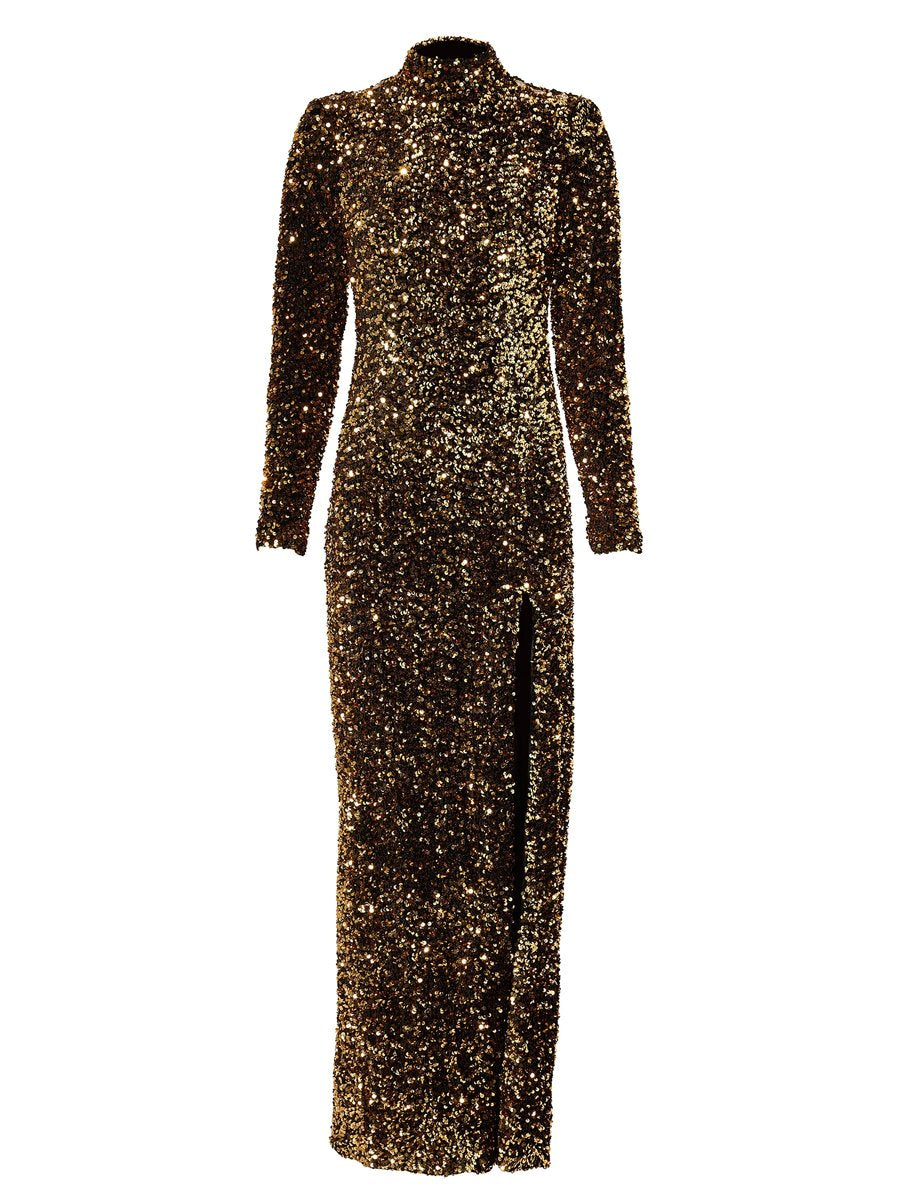 Slit Hem High Neck Sequin Maxi Dress