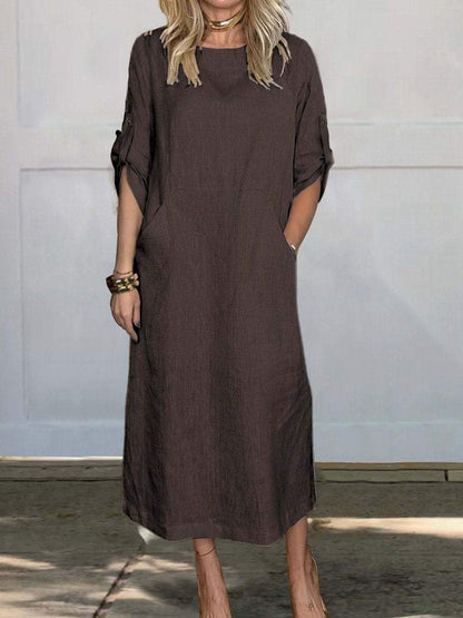 Loose Casual Solid Color Short Sleeve Cotton Linen Dress