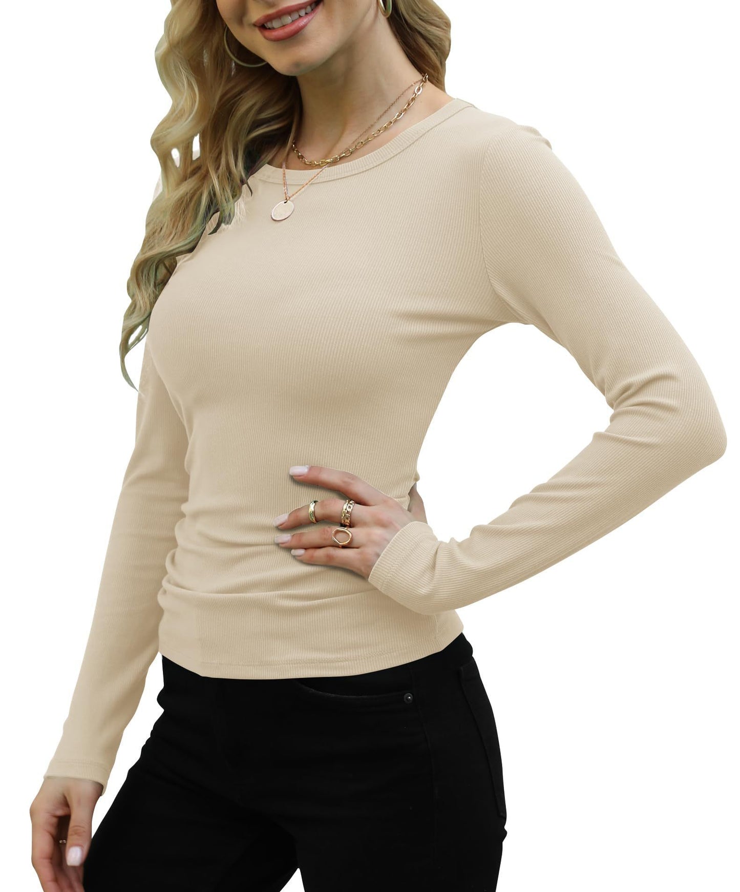 Ribbed Long Sleeve Crewneck Knit Tops