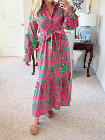 Printed Lace Up Long Sleeve Maxi Dress