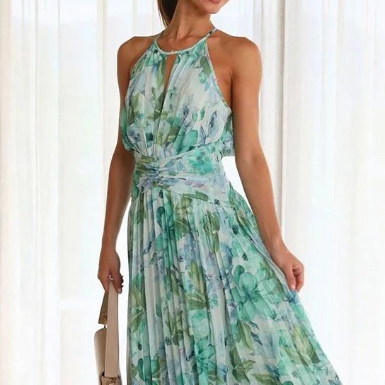 Sunny Forecast Floral Cutout Neck Pleated Midi Dress