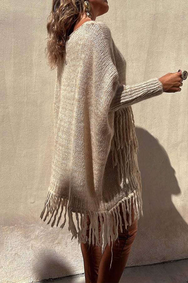 V-Neck Loose Fringed Knit Sweater