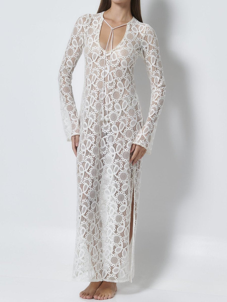 Long Sleeve Slit Hem Lace Dress