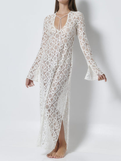 Long Sleeve Slit Hem Lace Dress