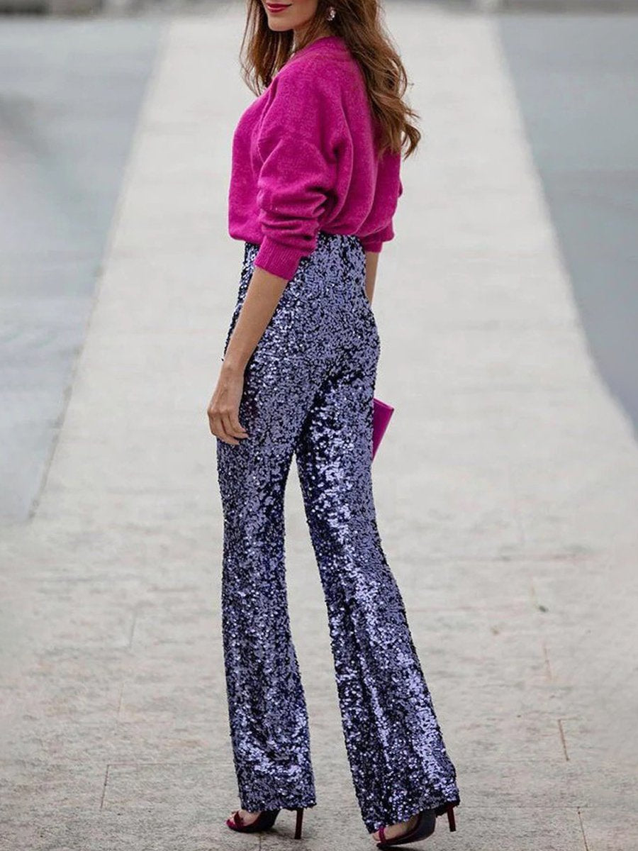 Sequined Elastic Waist Flared Pants