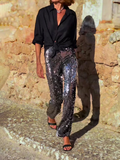 Sequined Elastic Waist Flared Pants