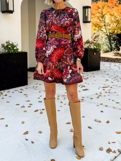 Printed Long Sleeve Flounce Dress