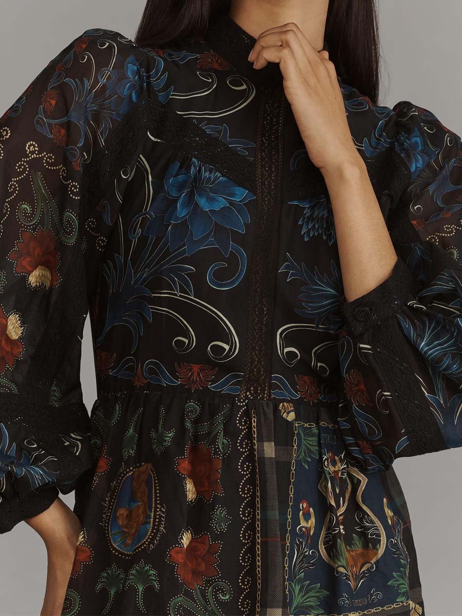 Printed Long Sleeve Mock Neck A-Line Maxi Dress