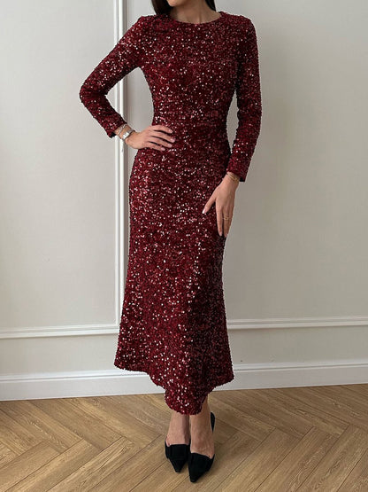 Sequin Velvet Long Sleeve Midi Dress