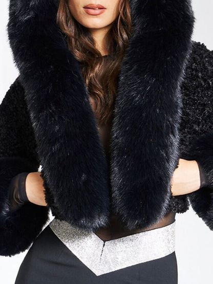 Hooded Collar Cropped Faux Fur Jacket