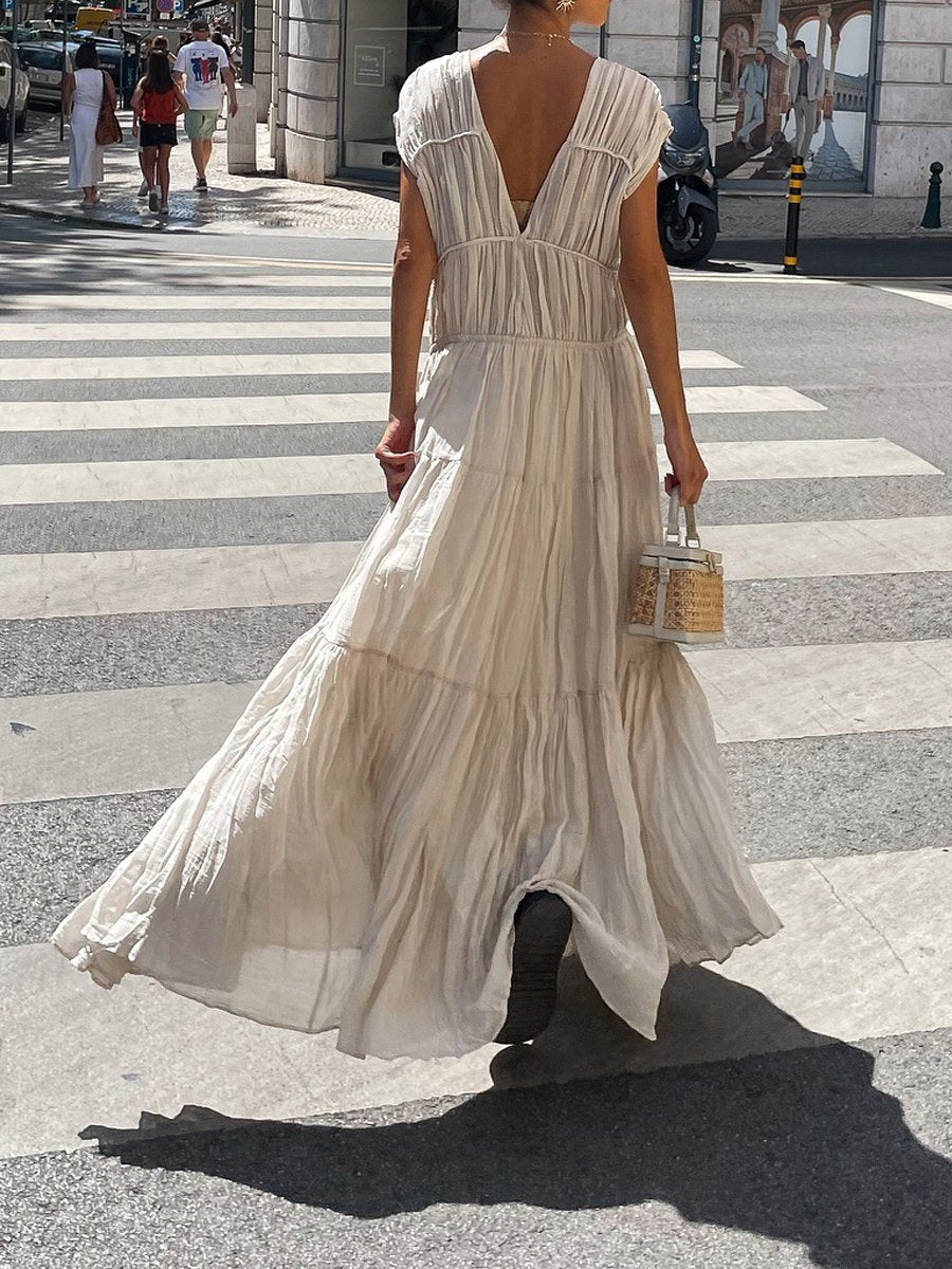 V Neck Sleeveless Pleated Maxi Dress