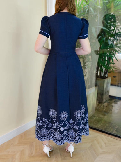 Puff Sleeve Button Up Embroidered Dress