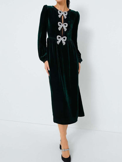 Blouson Sleeve Bows Velvet Dress