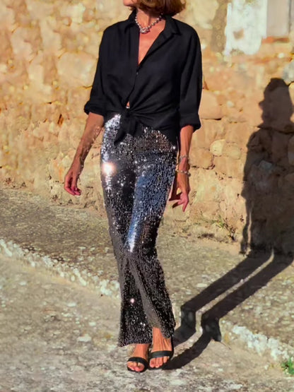 Sequined Elastic Waist Flared Pants