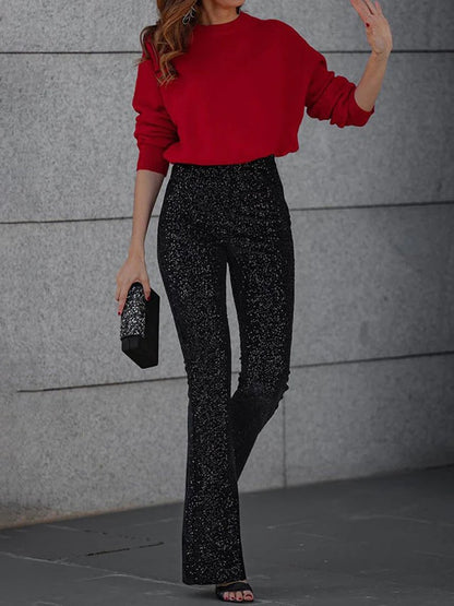 Sequined Elastic Waist Flared Pants