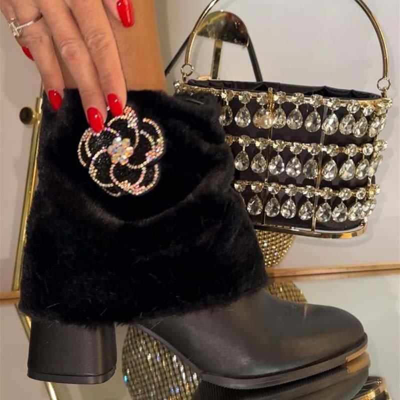 Leather Rhinestone High Heel Boots