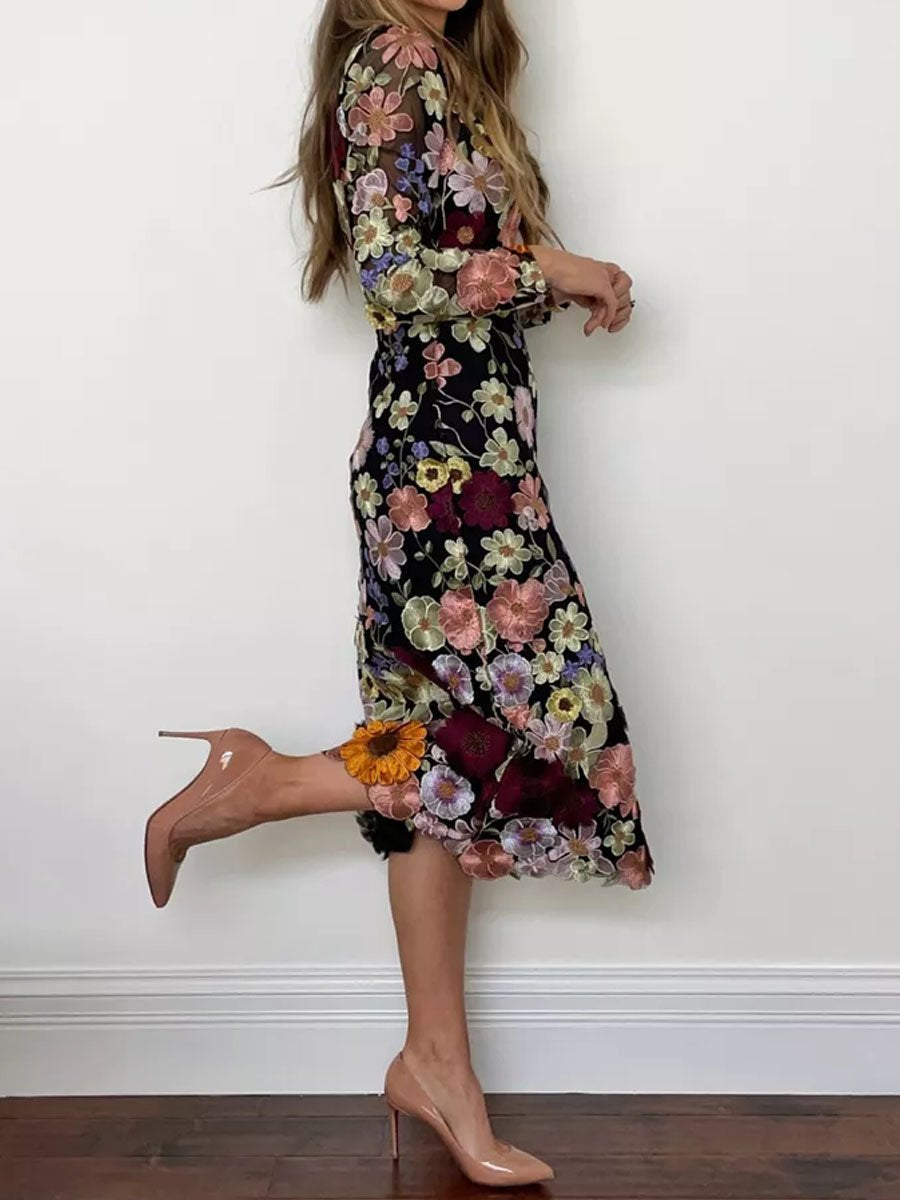 Floral Embroidered Boat Neckline See Through Long Sleeve Party Midi Dress