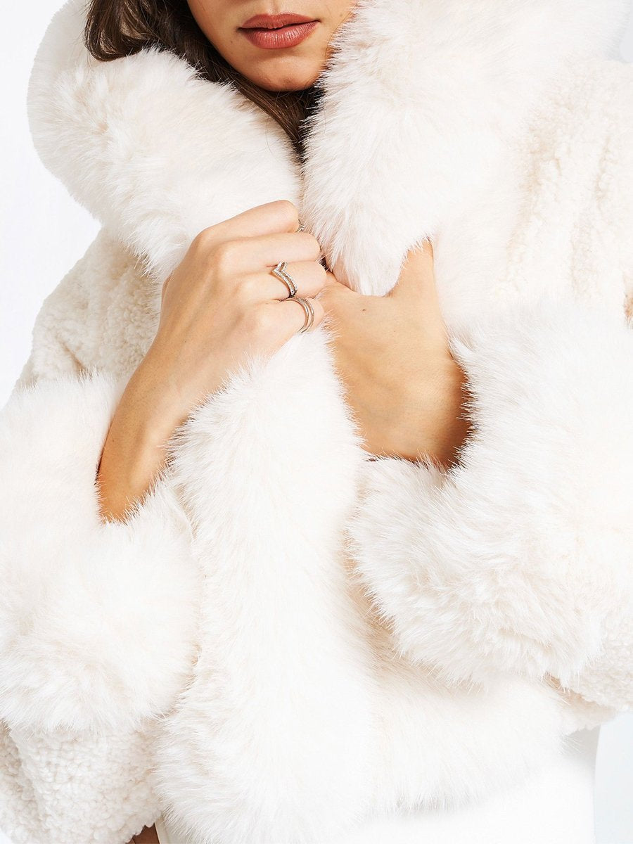 Hooded Collar Cropped Faux Fur Jacket