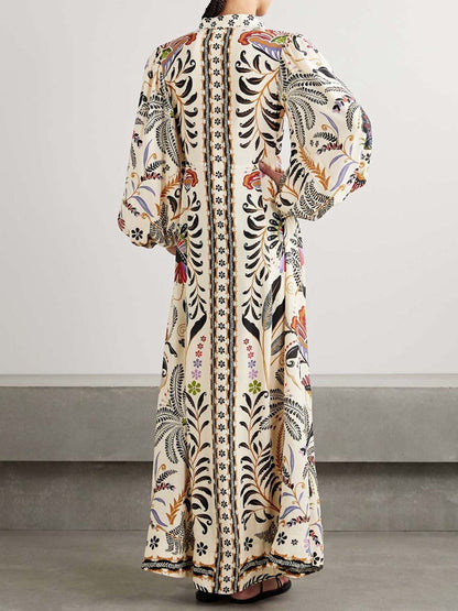 Printed Long Sleeve Button Up Maxi Dress