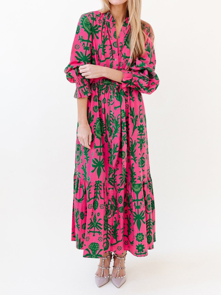 Printed Lace Up Long Sleeve Maxi Dress