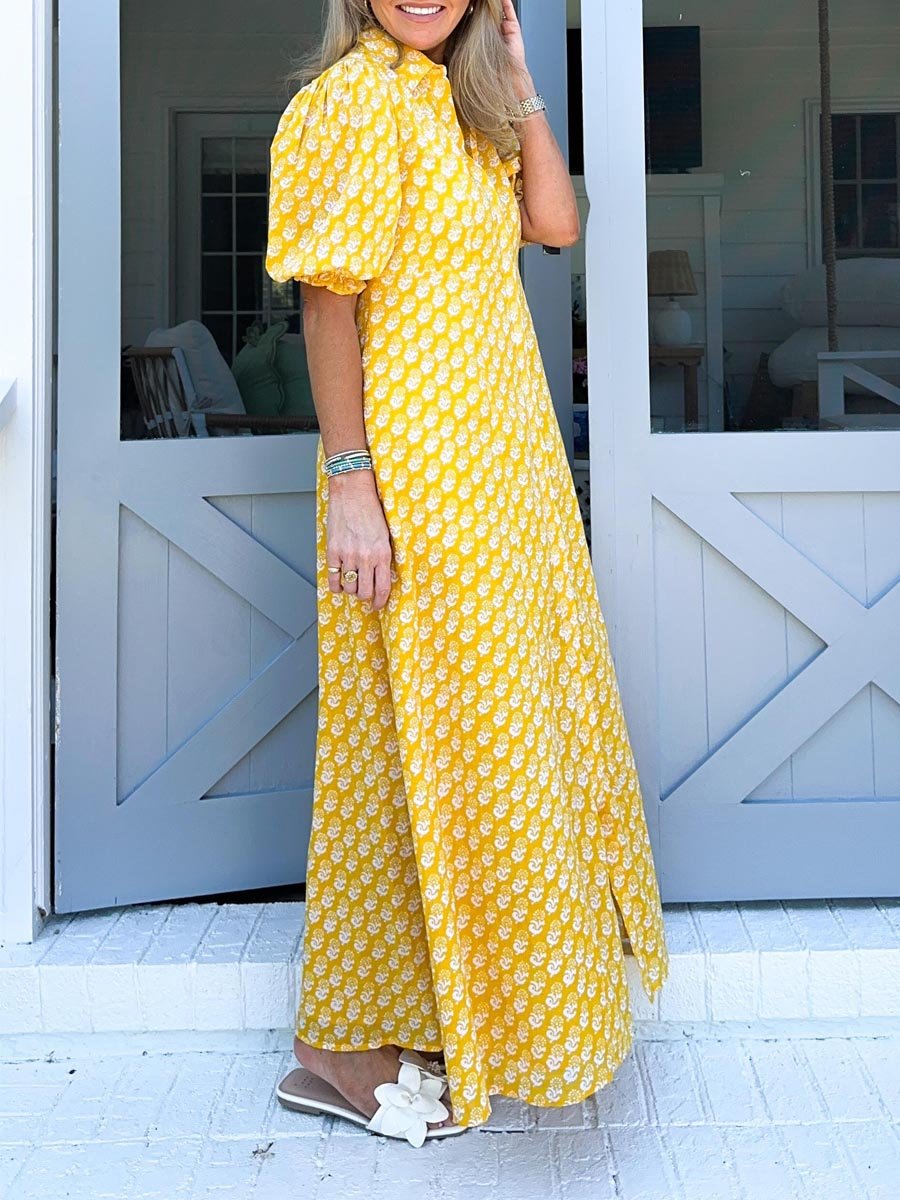 Puff Sleeve Printed Maxi Shirt Dress