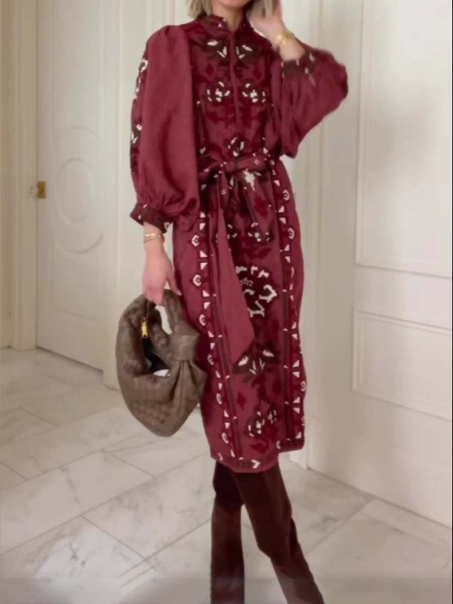 Stand collar Embroidered Tie Waist Midi Dress