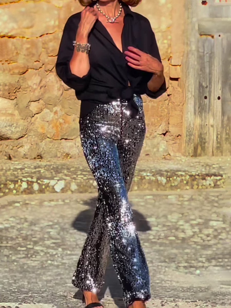 Sequined Elastic Waist Flared Pants